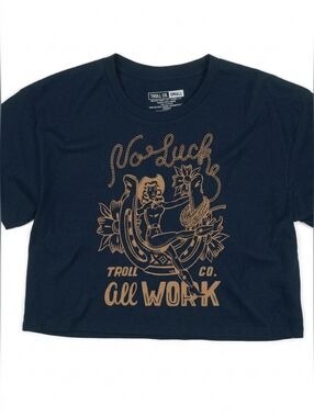Troll Co. "No Luck All Work" Cropped Tee DHCM Blue Collar Graphic Shirt S